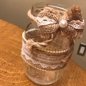 10  mason jars with burlap ribbon and bow